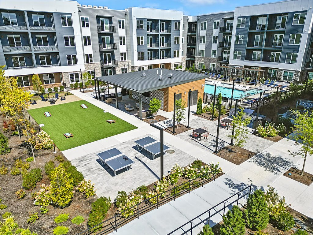 Drone courtyard at Station 316 Apartments in Woburn MA